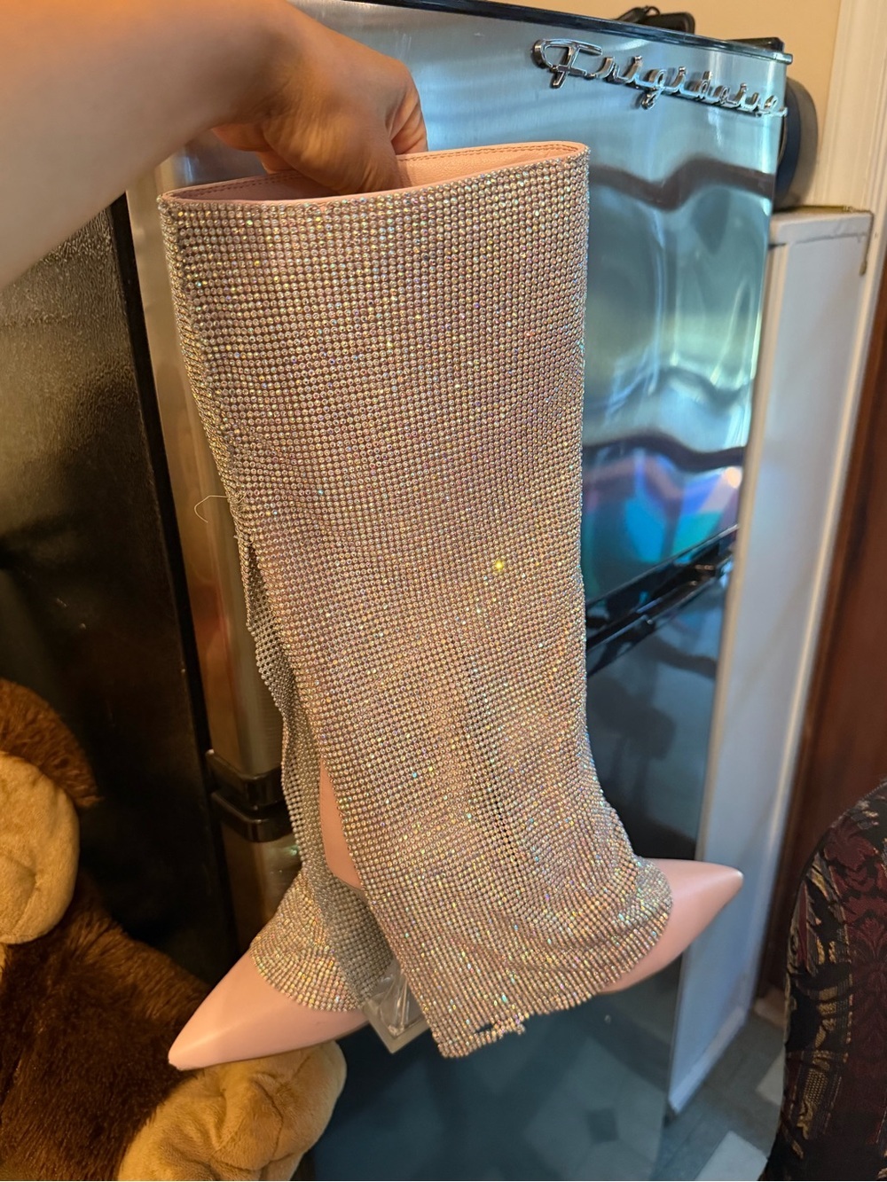 Sparkle Embellished Pink Pointed-Toe Knee Boots
